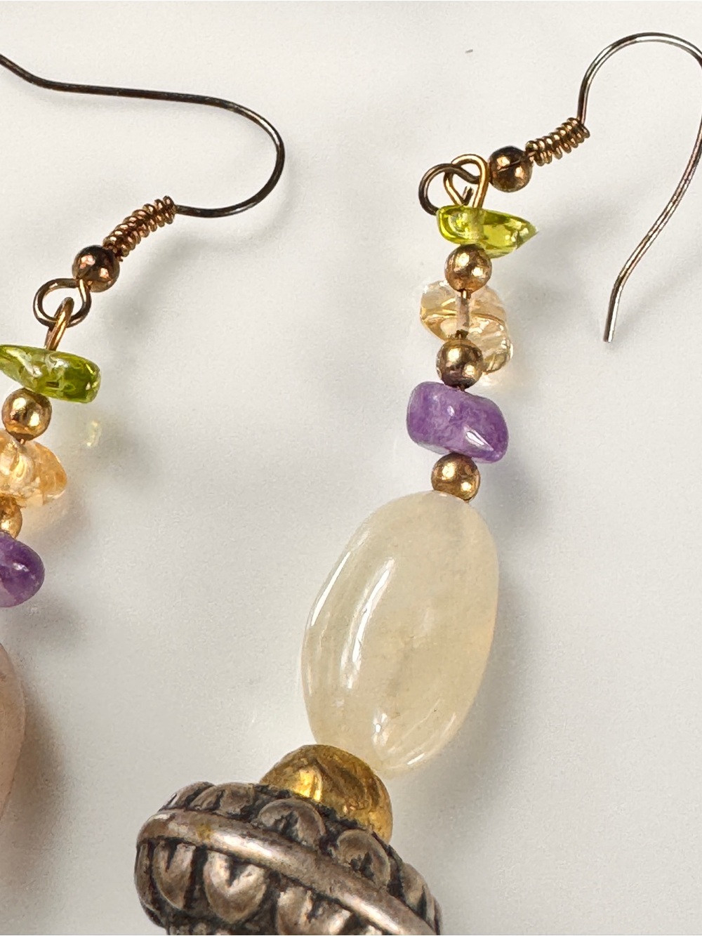 Fluorite & Amethyst Stone Drop Earrings - Gold & Mixed Gem Tones - Picture 4 of 8
